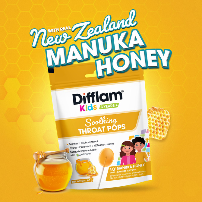 Difflam Kids Soothing Throat Pops Manuka Honey 10 Lollipops