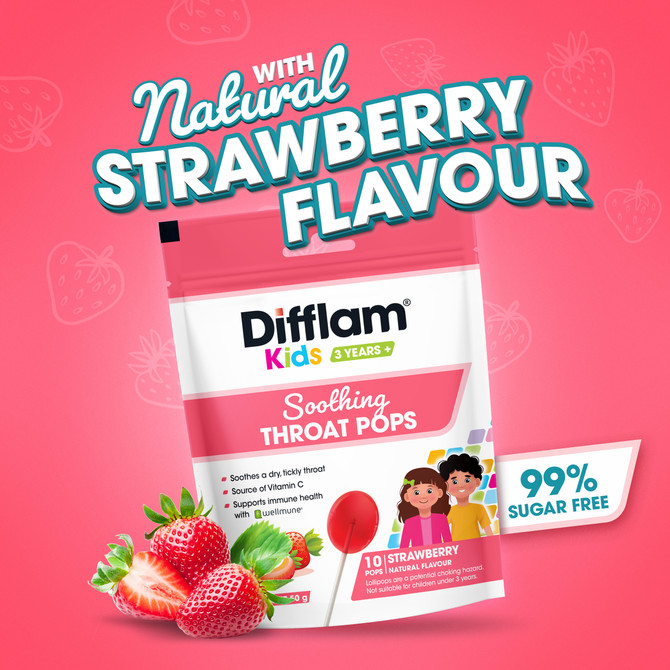 Difflam Kids Throat Pops Strawberry Lollipops