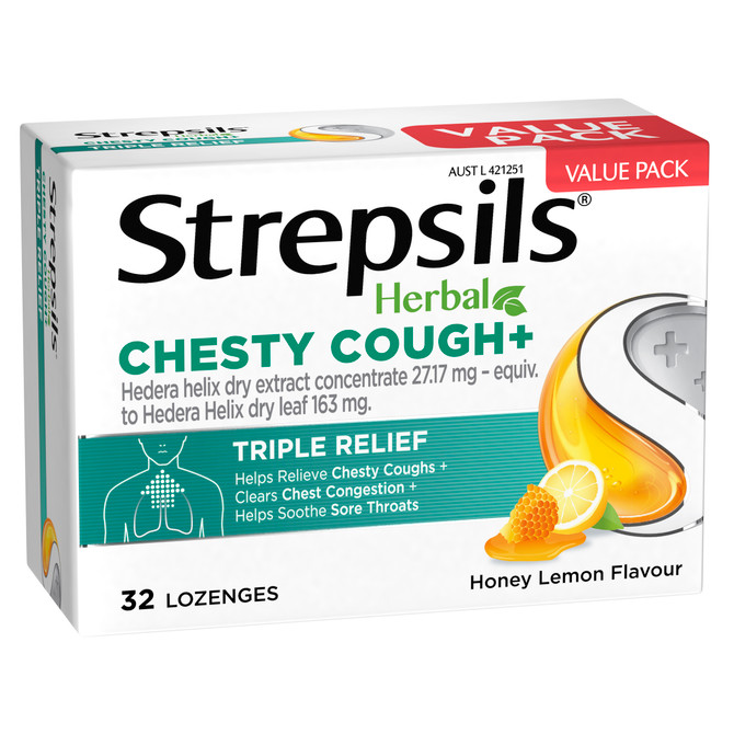 Strepsils Herbal Chesty Cough+ Triple Relief Sore Throat Lozenges Honey Lemon 32s 
