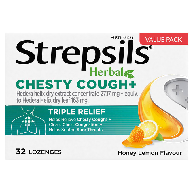 Strepsils Herbal Chesty Cough+ Triple Relief Sore Throat Lozenges Honey Lemon 32s
