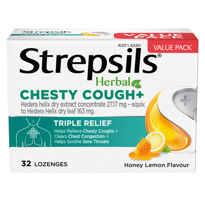 Strepsils Herbal Chesty Cough+ Triple Relief Sore Throat Lozenges Honey Lemon 32s