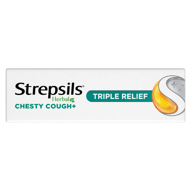 Strepsils Herbal Chesty Cough+ Triple Relief Sore Throat Lozenges Honey Lemon 16s 