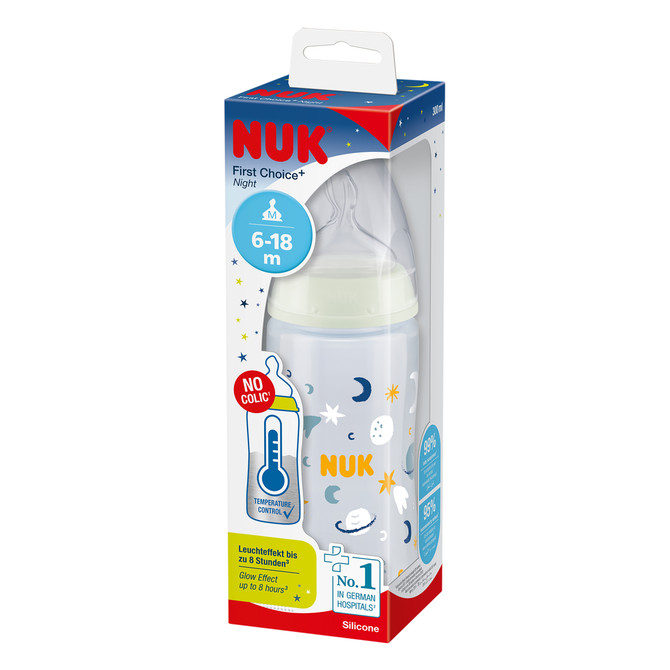 NUK First Choice+ Night Baby Bottle 6-18m 300ml, Glow-In-The Dark, Anti-Colic, Temperature Control, Silicone Teat, BPA-Free - Assorted