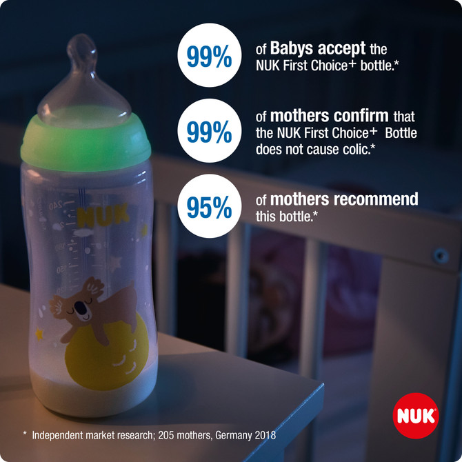 NUK First Choice+ Night Baby Bottle 6-18m 300ml, Glow-In-The Dark, Anti-Colic, Temperature Control, Silicone Teat, BPA-Free - Assorted