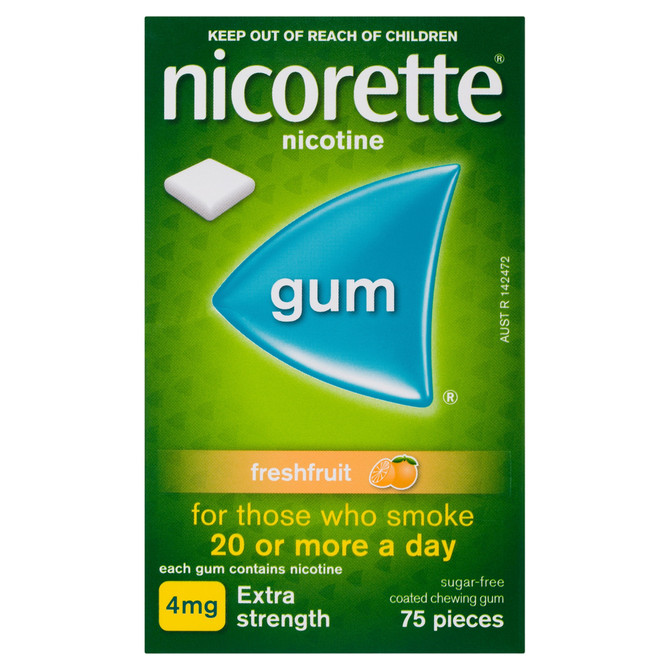 Nicorette Quit  Smoking Aid Nicotine 4mg Freshfruit Extra Strength  Chewing Gum - Sugar‑Free Smoking Cessation Aid-75 Pack