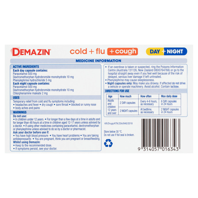 Demazin Cold + Flu + Cough Day + Night 48 Capsules