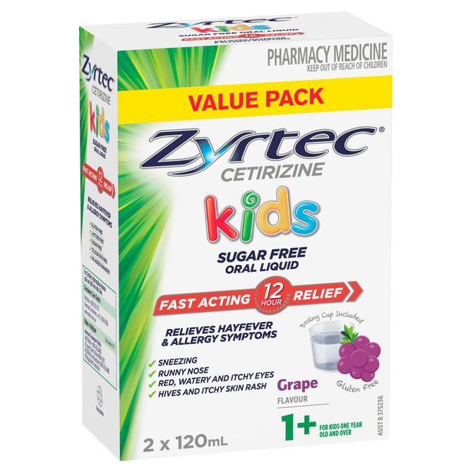 Zyrtec Kids Oral Liquid Sugar Free Cetirizine Antihistamine Allergy Relief  Grape Flavour 2 × 120mL Value Pack