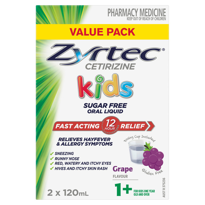 Zyrtec Kids Oral Liquid Sugar Free Cetirizine Antihistamine Allergy Relief  Grape Flavour 2 × 120mL Value Pack