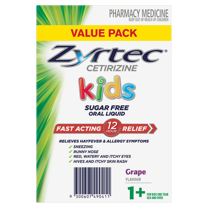 Zyrtec Kids Oral Liquid Sugar Free Cetirizine Antihistamine Allergy Relief  Grape Flavour 2 × 120mL Value Pack