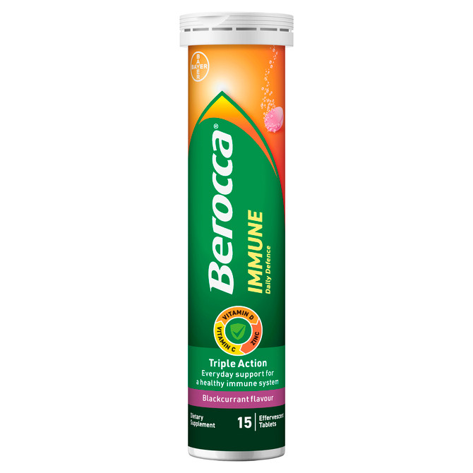 Berocca Immune Daily Defence Vitamin C, D and Zinc, Blackcurrant Flavoured Effervescent Tablets 15 Pack