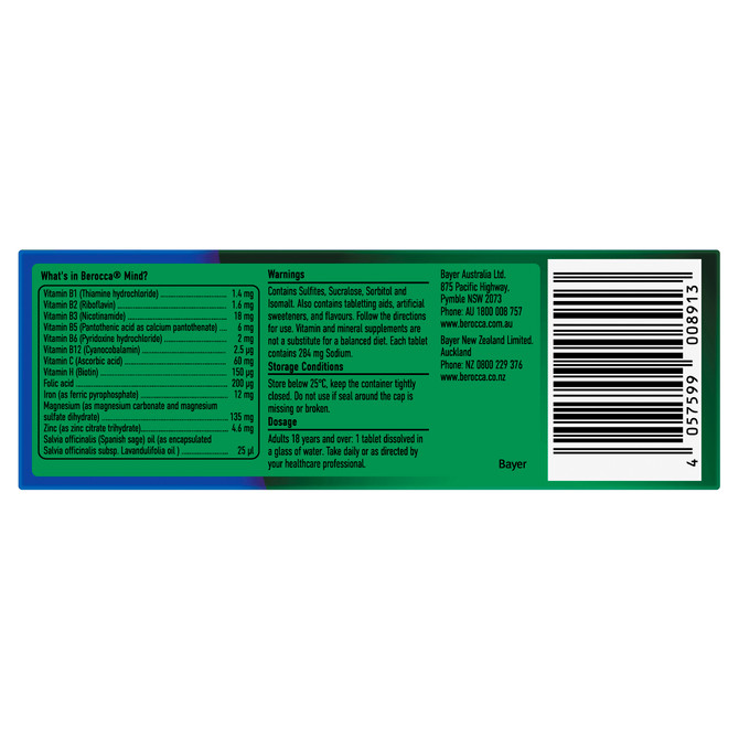 Berocca Mind Citrus Effervescent Tablets, Vitamin B & C, Magnesium, Zinc and Extract of Spanish Sage 20 Pack