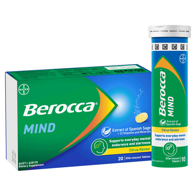 Berocca Mind Citrus Effervescent Tablets, Vitamin B & C, Magnesium, Zinc and Extract of Spanish Sage 20 Pack