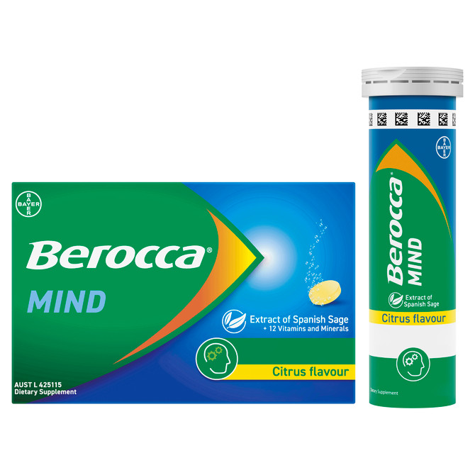 Berocca Mind Citrus Effervescent Tablets, Vitamin B & C, Magnesium, Zinc and Extract of Spanish Sage 20 Pack