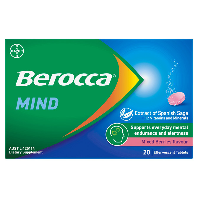Berocca Mind Mixed Berries Effervescent Tablets, Vitamin B & C, Magnesium, Zinc and Extract of Spanish Sage 20 Pack