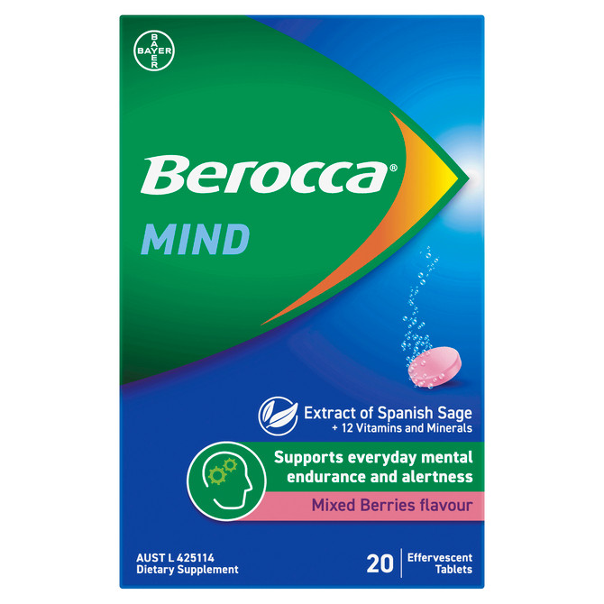 Berocca Mind Mixed Berries Effervescent Tablets, Vitamin B & C, Magnesium, Zinc and Extract of Spanish Sage 20 Pack