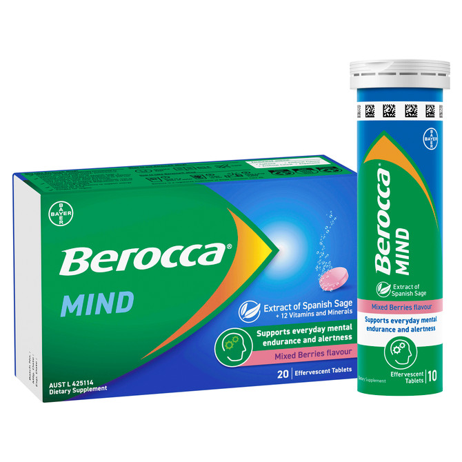 Berocca Mind Mixed Berries Effervescent Tablets, Vitamin B & C, Magnesium, Zinc and Extract of Spanish Sage 20 Pack
