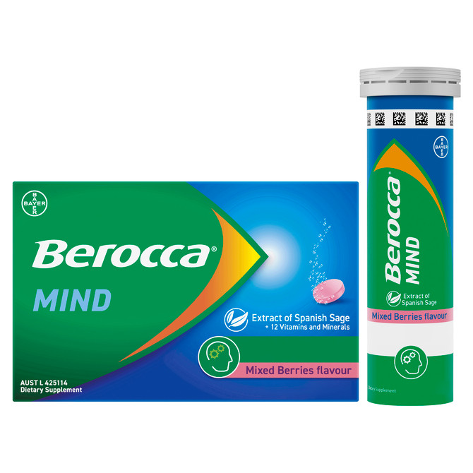 Berocca Mind Mixed Berries Effervescent Tablets, Vitamin B & C, Magnesium, Zinc and Extract of Spanish Sage 20 Pack