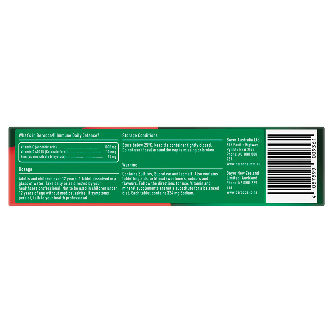 Berocca Immune Daily Defence Vitamin C, D and Zinc, Orange Flavoured Effervescent Tablets 30 Pack