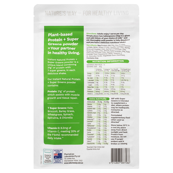 Nature's Way Instant Natural Protein + Super Greens Powder Vanilla 350g