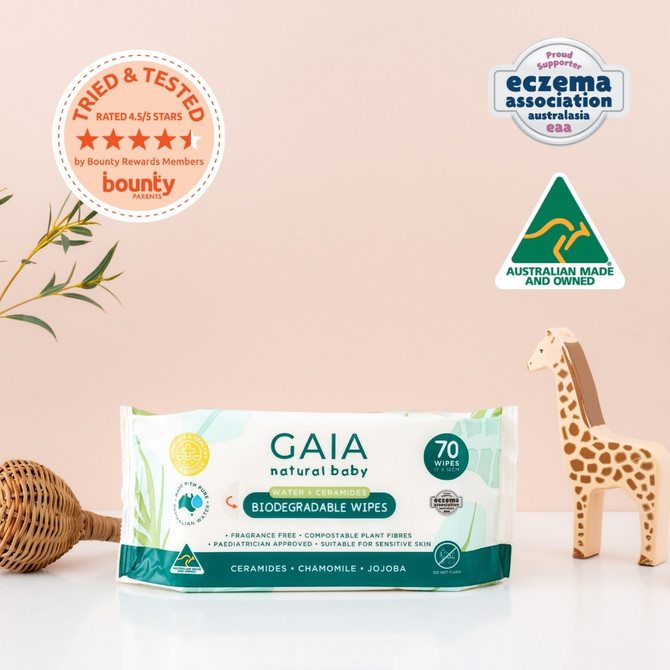 GAIA Natural Baby Water + Ceramides Biodegradable Wipes 70pk