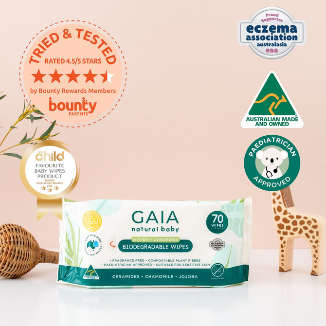 GAIA Natural Baby Water + Ceramides Biodegradable Wipes 70pk