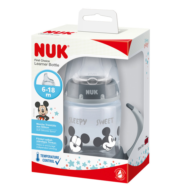 NUK First Choice Learner Bottle Sippy Cup 6-18m 150ml, Temperature Control, Leak-Proof Silicone Spout, Anti-Colic Vent, BPA-Free - Assorted