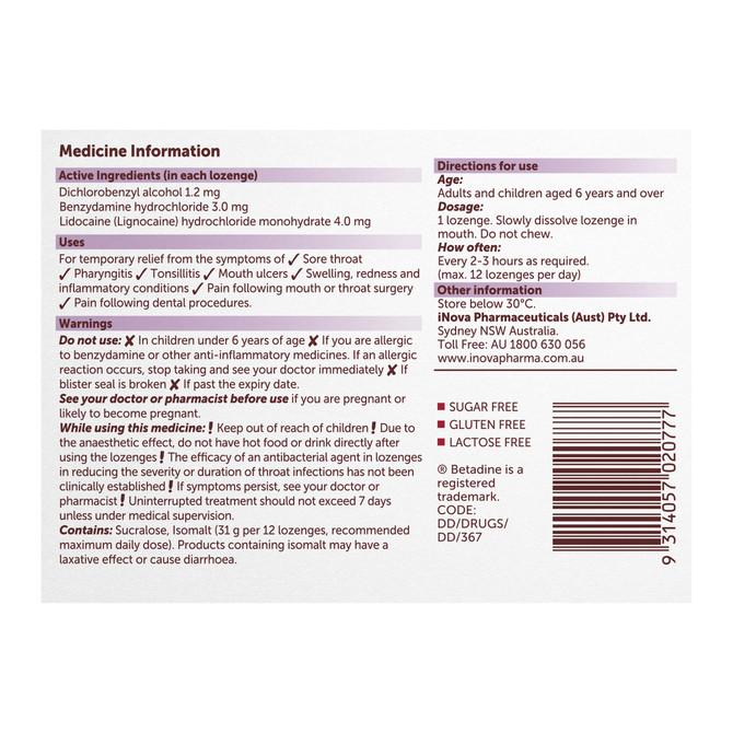 Betadine Anaesthetic + Antibacterial + Anti-Inflammatory Berry Lozenges 36 Pack