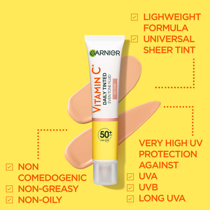 Garnier Vitamin C* Daily Tinted Even Tone Fluid with SPF50+ 40ml, Brightens & protects natural radiance with a tinted finish