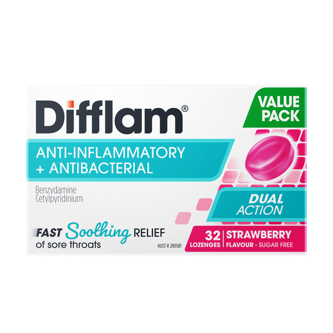 Difflam Sore Throat Dual Action Anti-inflammatory + Antibacterial Value Pack Strawberry Flavour 32 Lozenges