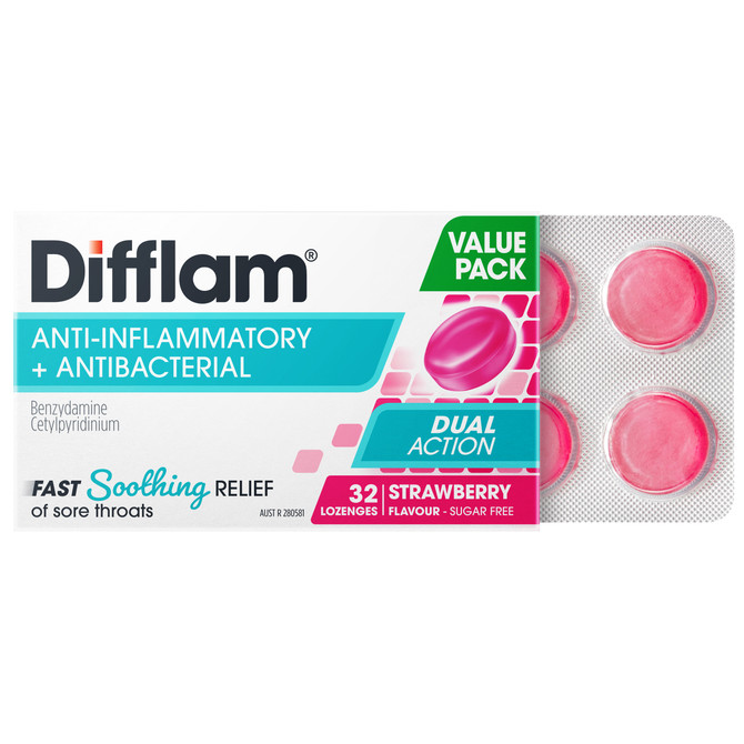 Difflam Sore Throat Dual Action Anti-inflammatory + Antibacterial Value Pack Strawberry Flavour 32 Lozenges