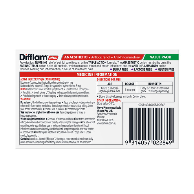 Difflam Plus Anaesthetic Sore Throat Pack  Blackcurrant Flavour 32 Pack 