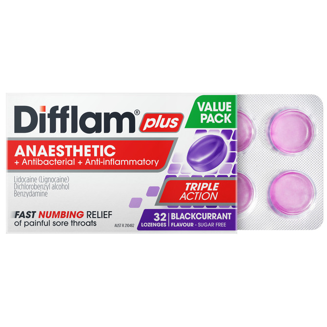 Difflam Plus Anaesthetic Sore Throat Pack  Blackcurrant Flavour 32 Pack 