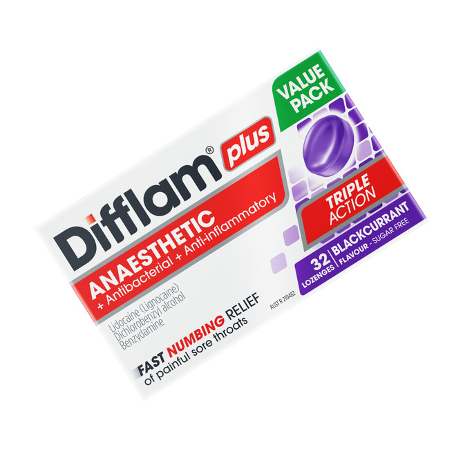 Difflam Plus Anaesthetic Sore Throat Pack  Blackcurrant Flavour 32 Pack 