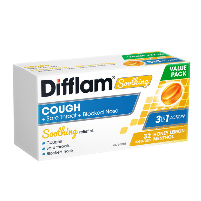 Difflam Soothing Cough + Sore Throat + Blocked Nose Honey Lemon Menthol Lozenges 32