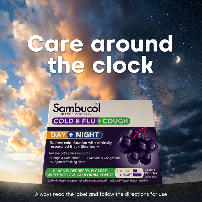 Sambucol Black Elderberry Cold & Flu + Cough Day + Night 24 Capsules