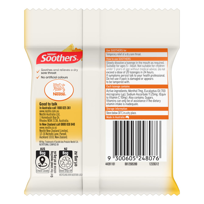 Soothers Honey & Lemon Sore Throat Lozenges + Vitamin C 3x10 Pack
