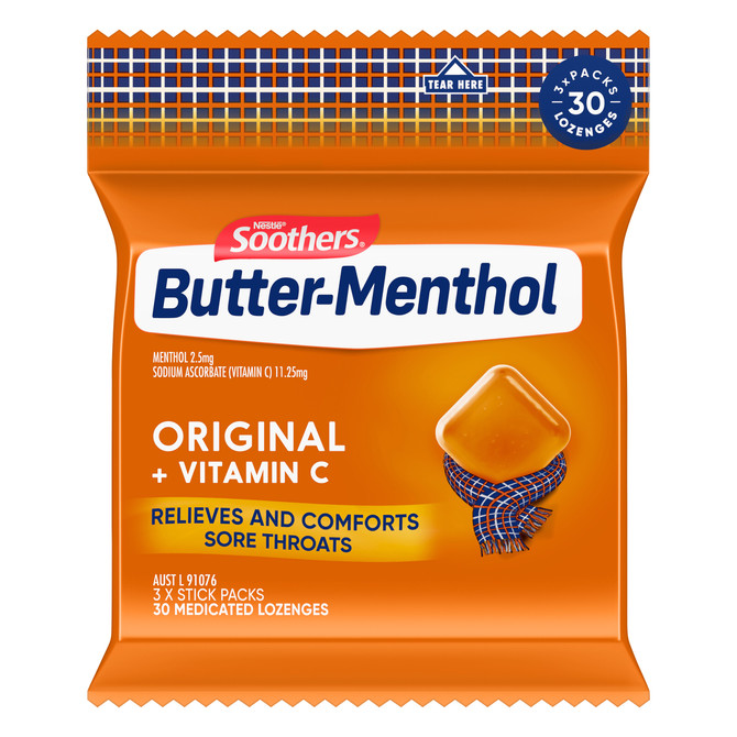 Butter Menthol Original Sore Throat Lozenges + Vitamin C 3x10 Pack