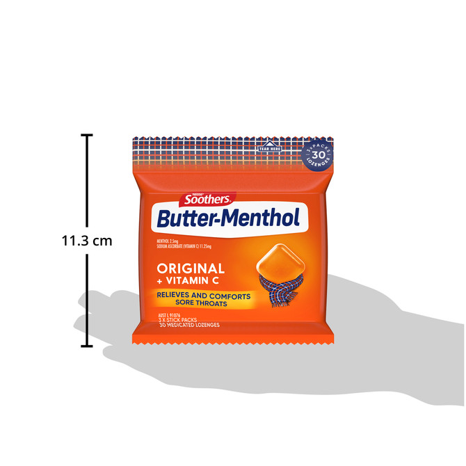 Butter Menthol Original Sore Throat Lozenges + Vitamin C 3x10 Pack
