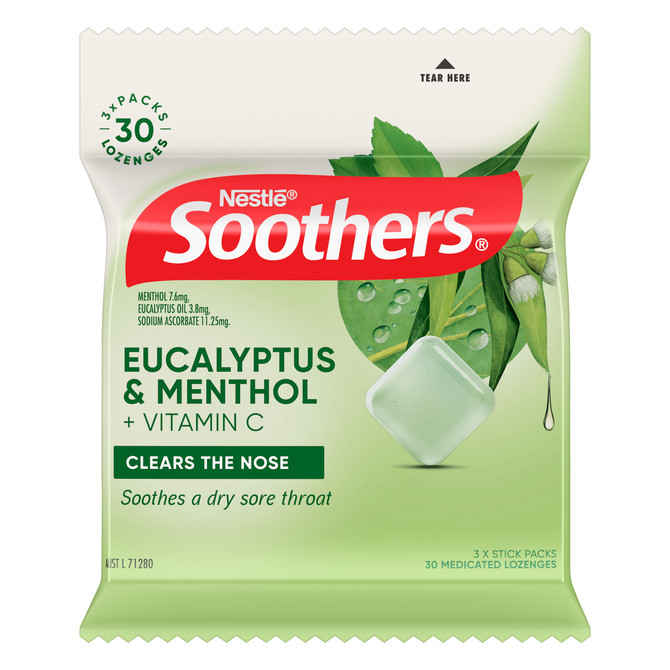 Soothers Eucalyptus & Menthol Sore Throat Lozenges + Vitamin C 3x10 Pack