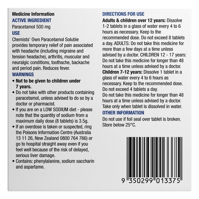 Chemists' Own Paracetamol Soluble Tablets 20 