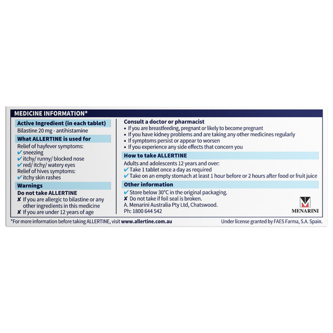Allertine Bilastine 20mg - 50 Blister Tablets