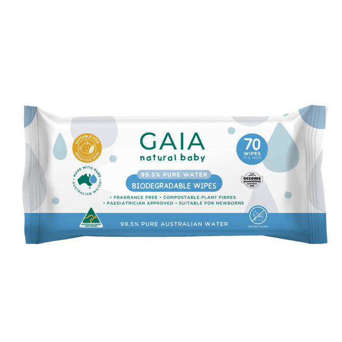 GAIA Natural Baby 99.5% Pure Water Bio Wipes 70pk 