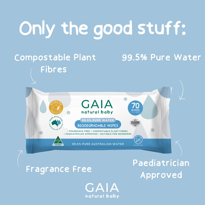 GAIA Natural Baby 99.5% Pure Water Bio Wipes 70pk 