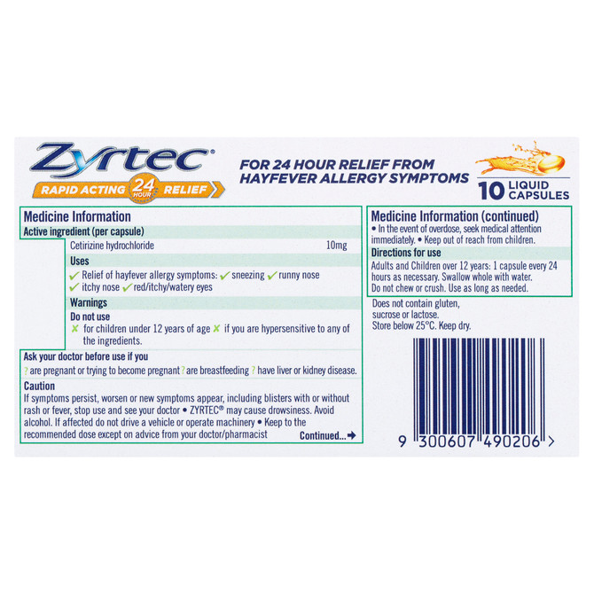 Zyrtec Rapid Acting Hayfever Allergy Relief Antihistamine Liquid Capsules 10 Pack