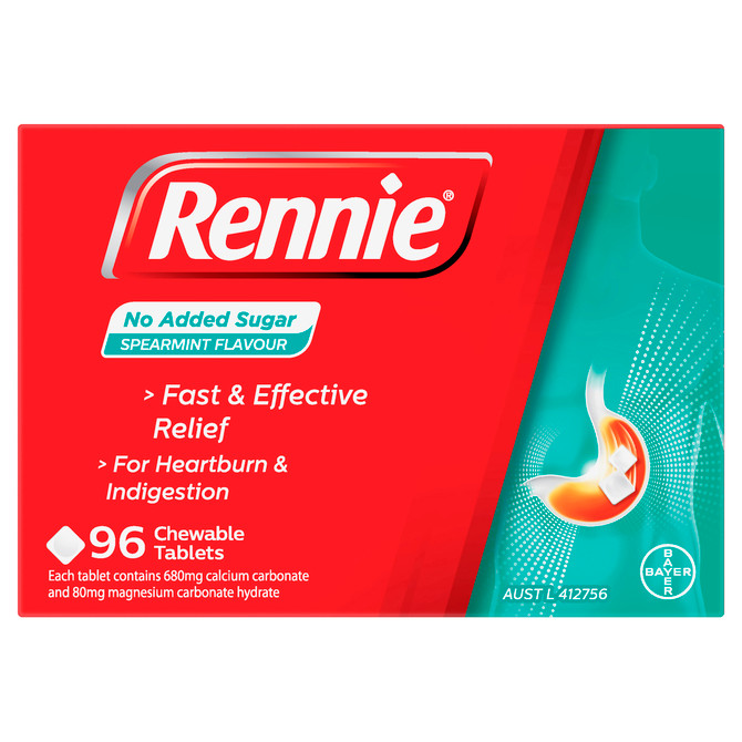 Rennie No Added Sugar Indigestion and Heartburn Relief Spearmint, 96 Chewable Tablets