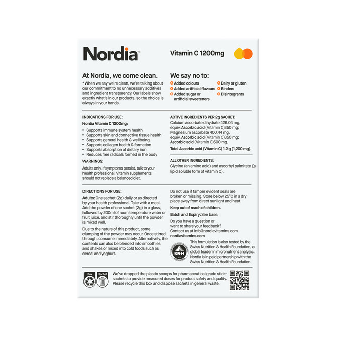 Nordia Vitamin C 1200mg Clean Unflavoured Powder 14 x 2g Sachets