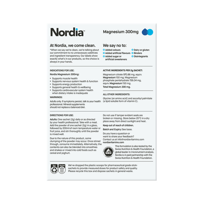 Nordia Magnesium 300mg Clean Unflavoured Powder 14 x 2g Sachets