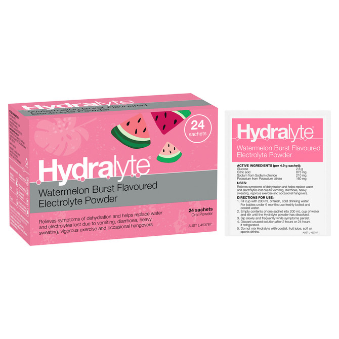 Hydralyte Watermelon Burst Flavoured Electrolyte Powder 24 Sachets