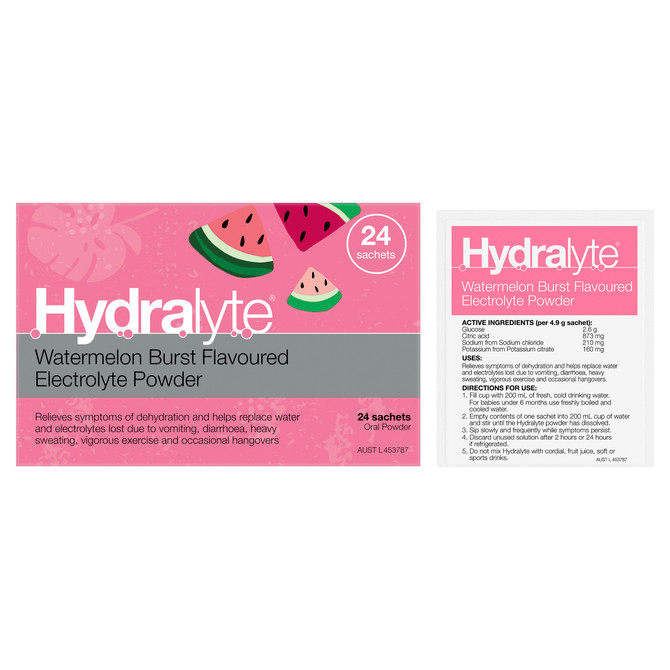Hydralyte Watermelon Burst Flavoured Electrolyte Powder 24 Sachets