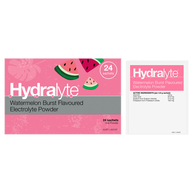 Hydralyte Watermelon Burst Flavoured Electrolyte Powder 24 Sachets